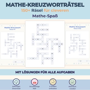 May include: A digital math crossword puzzle collection featuring over 150 puzzles with solutions. The layout displays three puzzle sheets with arithmetic equations, including addition, subtraction, multiplication, and division, plus icons for PDF download.