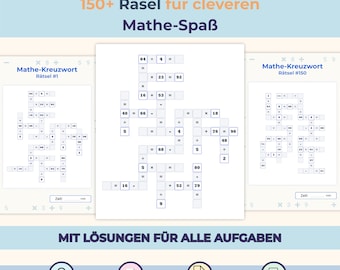 May include: A digital math crossword puzzle collection featuring over 150 puzzles with solutions. The layout displays three puzzle sheets with arithmetic equations, including addition, subtraction, multiplication, and division, plus icons for PDF download.