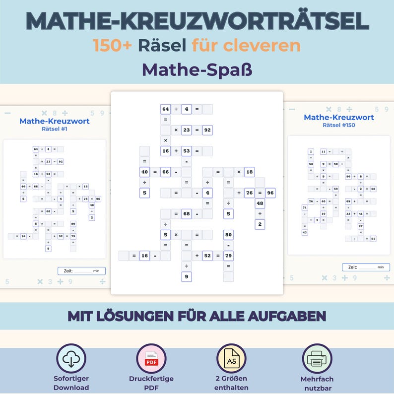 May include: A digital math crossword puzzle collection featuring over 150 puzzles with solutions. The layout displays three puzzle sheets with arithmetic equations, including addition, subtraction, multiplication, and division, plus icons for PDF download.