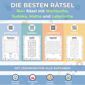Könnte beinhalten: Eine digitale Rätselsammlung mit dem Titel DIE BESTEN RÄTSEL, die über 164 Aufgaben wie Wortsuche, Sudoku, Mathe und Labyrinthe enthält. Das Layout zeigt vier Kategorien mit Beispielseiten, Symbolen und einem Hinweis auf Lösungen.