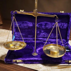Peut inclure: Une balance de précision en laiton avec deux plateaux circulaires suspendus par des chaînes, placée dans un coffret rectangulaire ouvert doublé de velours violet profond. La balance porte plusieurs petits poids métalliques ronds dorés.