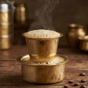 May include: A traditional brass South Indian coffee filter set consisting of a cylindrical upper brewing chamber and a wider lower tumbler, both filled with steaming, frothy coffee. The metallic vessels have a warm, polished golden finish.