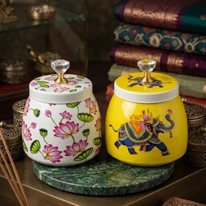 Può includere: Due barattoli in ceramica con coperchio, ciascuno sormontato da un pomello trasparente simile a un cristallo. Il barattolo a sinistra è bianco con fiori di loto rosa e foglie verdi. Il barattolo a destra è giallo, con un elefante blu.