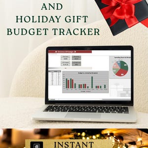 May include: A laptop displaying a Christmas and Holiday Gift Budget Tracker spreadsheet with charts and tables. The screen shows budget data, spending shares, and recipient comparisons. Text reads: CHRISTMAS AND HOLIDAY GIFT BUDGET TRACKER.