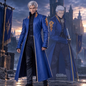 Peut inclure: Un long manteau bleu avec des motifs géométriques dorés sur le col et les épaules, porté sur une chemise noire et un pantalon noir. Le manteau présente un col haut, des épaules structurées et des manches longues avec des boutons aux poignets.