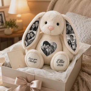 Personalized Memory Bunny Plush – Custom Photo Rabbit with Hidden Pictures in Ears, Keepsake Gift for Couples, Family, Baby & Pet Lovers