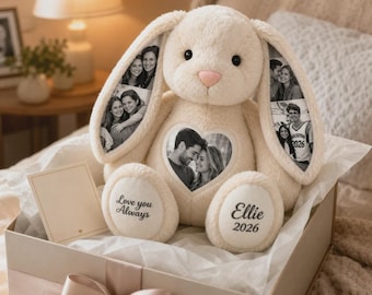 Personalized Memory Bunny Plush – Custom Photo Rabbit with Hidden Pictures in Ears, Keepsake Gift for Couples, Family, Baby & Pet Lovers