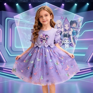 Demon Hunters Dress for Girls, K-Pop Cartoon Print Dress, Butterfly Sequin Kids Dress, Colorful Polka Dot Party Outfit, Cute Birthday Gift