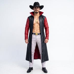 May include: A long black leather coat with red sleeves and a red interior lining, worn with a black cowboy hat, light-colored trousers with a black belt featuring a gold buckle, and a gold cross pendant on a chain, all against a white background.