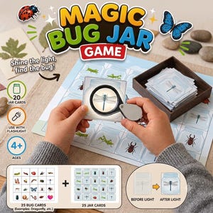 May include: Magic Bug Jar Game featuring a board with jar illustrations, 25 bug cards, 25 jar cards, and a magnifying glass. The game includes text: Magic Bug Jar Game, Shine the light, find the bug!, 20 jar cards, use with flashlight, 4+ ages, 25 bug cards, 25 jar cards, before light, after light.