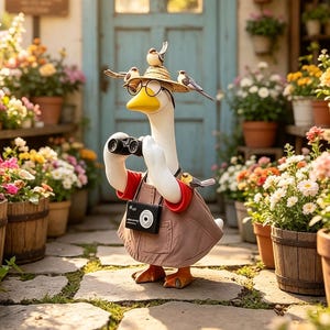 May include: A white goose figurine wearing a straw hat, round glasses, and a red shirt under a brown apron. The goose holds black binoculars and has a small black camera hanging around its neck. Three small birds perch on the hat and shoulder.