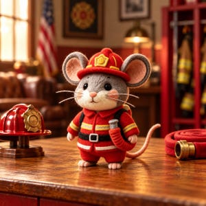 May include: A needle-felted mouse figurine dressed as a firefighter in a red uniform with yellow reflective stripes, a black belt, and a red helmet. The mouse holds a small coiled hose and stands on a wooden surface next to a red fire helmet.