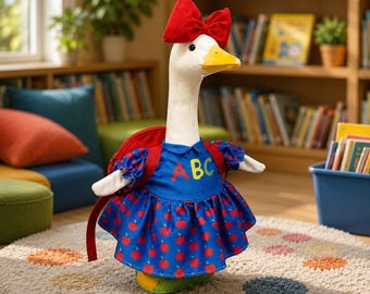 23 Inch Back To School Porch Goose Outfit, Apple Print Dress Red Bow Mini Backpack, Teacher Classroom Goose Clothing,Garden Goose Decor Gift