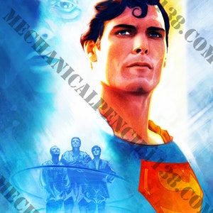 May include: A colorful illustration of Superman with a red and yellow 'S' symbol on his chest. The image features a blue and white background with three figures in the foreground.