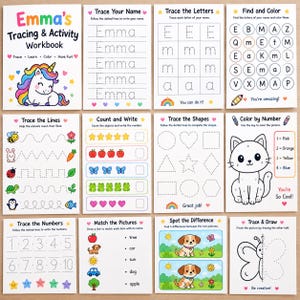 May include: A twelve-page educational workbook titled Emma's Tracing & Activity Workbook, featuring colorful illustrations of a unicorn, animals, and shapes. The pages include activities for tracing names, letters, numbers, lines, and shapes, plus counting, matching, and coloring exercises.