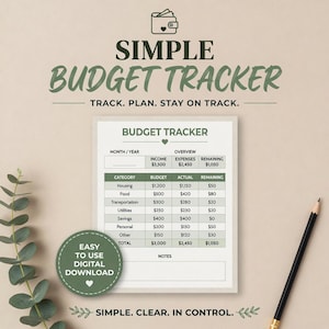 May include: A digital budget tracker template featuring a table with columns for category, budget, actual, and remaining amounts. The document includes a header labeled BUDGET TRACKER and a section for notes. A pencil is positioned to the right.