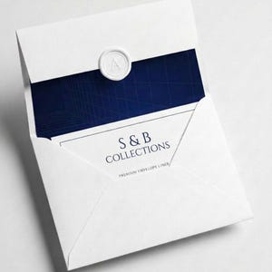 May include: A white envelope with a dark blue interior liner featuring a grid pattern. The envelope flap is secured with a white circular wax seal embossed with the letter A. The text S & B COLLECTIONS PREMIUM ENVELOPE LINER is printed in dark blue.