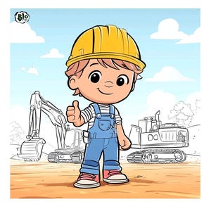 Könnte beinhalten: Eine Cartoon-Illustration eines Kindes mit gelbem Bauhelm, gestreiftem Oberteil und blauer Jeanslatzhose, das den Daumen hochhält. Im Hintergrund sind Baustellenfahrzeuge als Strichzeichnung auf einem Erdboden zu sehen.
