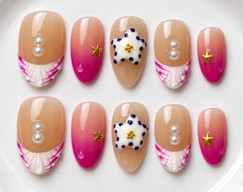 Berry Pink Seashell Press On Nails, Ombre and 3D Starfish Accents, Playful Mermaid Glam for Beach Birthdays and Girlfriend Gifts