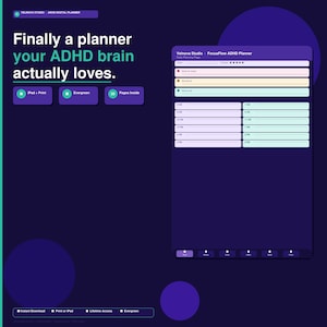 May include: A digital planner interface titled Velnova Studio FocusFlow ADHD Planner on a dark purple background. The text reads: Finally a planner your ADHD brain actually loves. It includes sections for daily tasks, energy levels, and hourly schedules.
