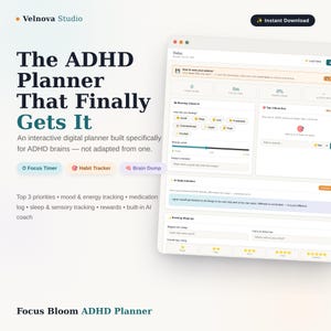ADHS-Planer zum digitalen Download, interaktiver Tagesplaner mit KI-Coach, druckbare PDF-Datei, undatierter Planer für Erwachsene, Fokus- und Gewohnheitstracker