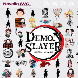 May include: A digital collection of Demon Slayer Kimetsu no Yaiba graphic illustrations featuring various character silhouettes, chibi-style figures, and the series logo in black, red, and white. The text Novella-SVG appears at the top.