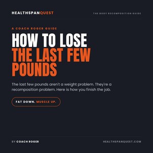May include: A dark gray digital guide titled HealthspanQuest: The Body Recomposition Guide, A Coach Roger Guide. The text reads: How to lose the last few pounds. The last few pounds aren't a weight problem. They're a recomposition problem. Fat down. Muscle up.