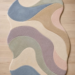 Abstract Wave Tufted Rug, Hand Tufted Area Rug, Modern Irregular Shaped Carpet, Pastel Color Rug, Contemporary Living Room Rug,
