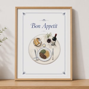 Bon Appetit French Dinner Wall Art, Paris Bistro Food Print, Travel Gift Idea
