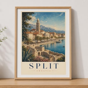 Split Croatia Wall Art Print, Dalmatian Coast Travel Poster, Adriatic Sea Vintage Style