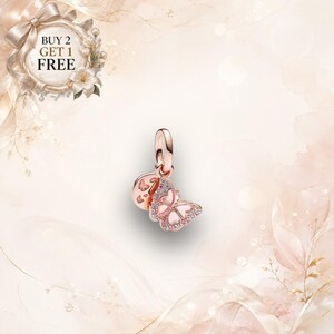 Pink Butterfly & Quote Double Dangle Charm for Bracelet, 14k Rose Gold-Plated European Jewelry, Keepsake Necklace Bead Pendant, S925