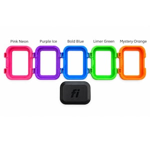 May include: Five rectangular silicone frames in neon pink, purple ice, bold blue, limer green, and mystery orange, arranged in a horizontal row above a single black rectangular module featuring the lowercase letters fi in the center.