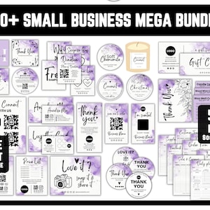 May include: A digital collection of small business marketing templates featuring purple watercolor accents, including thank you cards, gift cards, price lists, order forms, and QR code labels with text like 130+ SMALL BUSINESS MEGA BUNDLE.