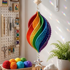 Peut inclure: Une décoration en crochet en forme de spirale aux couleurs de l'arc-en-ciel avec une surface texturée, suspendue à un crochet mural blanc. L'ornement est orné d'une perle blanche en forme de lotus et d'une étoile en cristal avec des pompons.