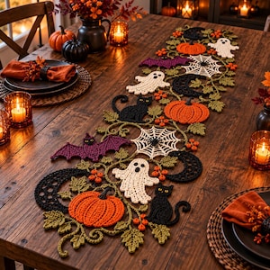 May include: A long, crocheted Halloween table runner featuring orange pumpkins, white ghosts, black cats, purple bats, white spiderwebs, black crescent moons, and green leafy vines with small orange berries arranged in a repeating pattern.