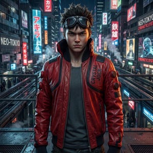 Könnte beinhalten: Eine rote Lederjacke mit schwarzen Akzenten, einem hohen Kragen und dem Schriftzug CRYSTAL JOCK auf der Brust. Die Jacke verfügt über gesteppte Einsätze, dunkle, runde Knöpfe an den Ärmeln und einen Reißverschluss über einem dunkelgrauen Shirt.