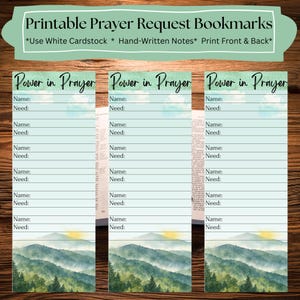 Op de afbeelding: Drie printbare gebedsverzoek-bladwijzers met de tekst Power in Prayer bovenaan, gevolgd door regels voor Name en Need. Het ontwerp bevat een berglandschap met groene bomen en een gele zon. De koptekst luidt Printable Prayer Request Bookmarks.