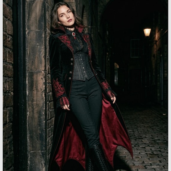 Women's Victorian Gothic Tailcoat Costume | Black Red Vampire Coat | Steampunk Cosplay | Gothic Corset Coat | Halloween Ren Faire