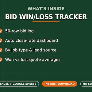 Peut inclure: Un modèle numérique de suivi des gains et pertes d'appels d'offres sur fond vert foncé avec le texte WHAT'S INSIDE BID WIN/LOSS TRACKER. Il liste un journal de 50 lignes, un tableau de bord automatique, le suivi par type de travail et source de prospects, et les moyennes de devis gagnés ou perdus. Inclut EXCEL + GOOGLE SHEETS, INSTANT DOWNLOAD et NO SUBSCRIPTION.