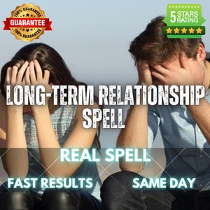 Könnte beinhalten: Eine Person in einem hellblauen ärmellosen Oberteil und eine Person in einem hellblauen Hemd mit den Händen auf dem Kopf. Der Text lautet: LONG-TERM RELATIONSHIP SPELL, REAL SPELL, FAST RESULTS, SAME DAY. Enthält ein Garantie- und 5-Sterne-Siegel.