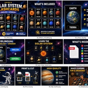 Puede incluir: Un conjunto de diez tarjetas educativas bilingües en inglés y español sobre el sistema solar, con ilustraciones del sol y los planetas. El producto digital incluye archivos PDF imprimibles en tamaños A4 y US Letter para el aprendizaje.