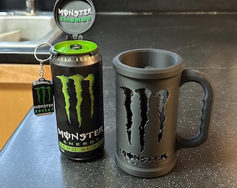 Energy Drink Gift Set | Can Holder Mug with Lid, Bottle Opener Keychain & Coaster