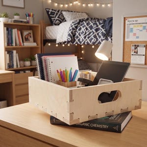 May include: A light-colored wooden storage crate with cutout handles, containing spiral-bound notebooks, a small wooden pencil holder with colorful pens, and a black tablet. The crate rests on a textbook titled Organic Chemistry.