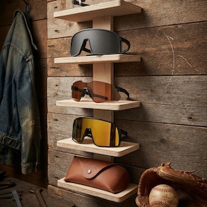 Wooden Sunglasses Organizer – 5-Pair Sunglass & Visor Holder, Freestanding or Wall Mount