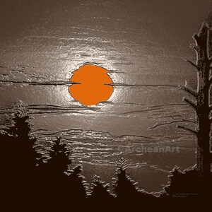May include: A square digital artwork featuring a bright orange circular sun centered against a textured, metallic brown background. Silhouettes of dark pine trees frame the bottom and right side, with the text ArcheanArt visible.