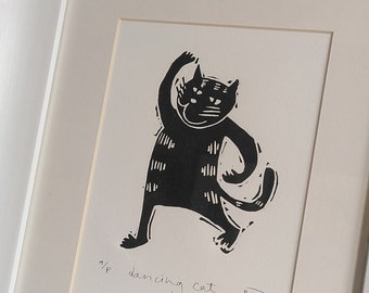 SUPERSECONDS  - Dancing Cat - framed lino print