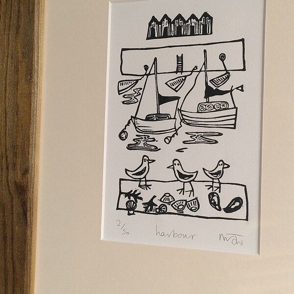 SUPER SECONDS - harbour lino print - framed