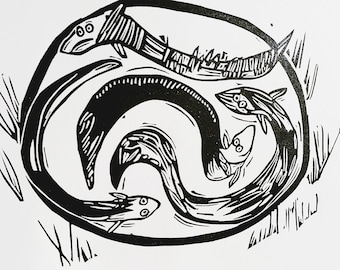 Eels in a pond - lino cut print