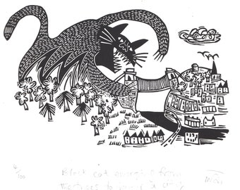 Black Cat Emerging from the Trees to Devour a City - lino cut print