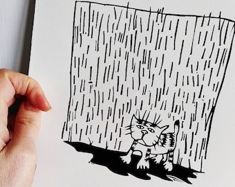 Cat in the Rain - lino cut print